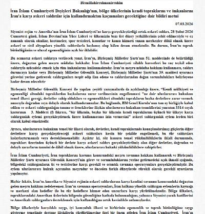 İran İ.C. Dışişleri Bakanlığının bölge ülkelerinin kendi topraklarını İrana karşı saldırılar için kullandırmaktan kaçınmaları gerektiği Hk. bildiri